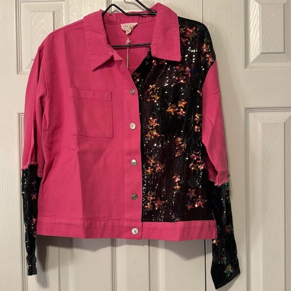 143 Story Pink & Star Sequins Color Block Button Down Long Sleeve Jacket - Picture 1 of 13